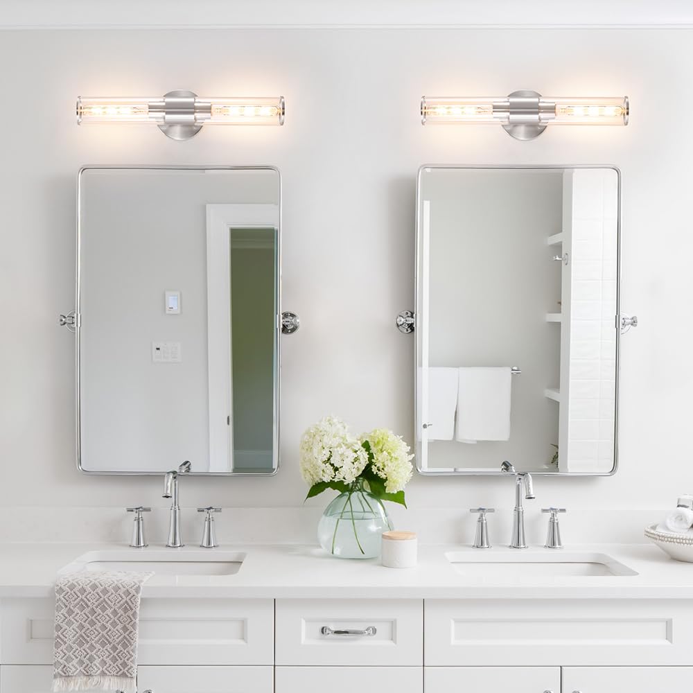 Brushed Nickel Bathroom Sconces Set Of 2  Modern Wall Sconce Lighting With Clear Glass  Harded Wired Wall Sconces Set Of Two  Wall Light Fixtures Over Mirror  Sconces Wall Lighting For Laundry  Porch