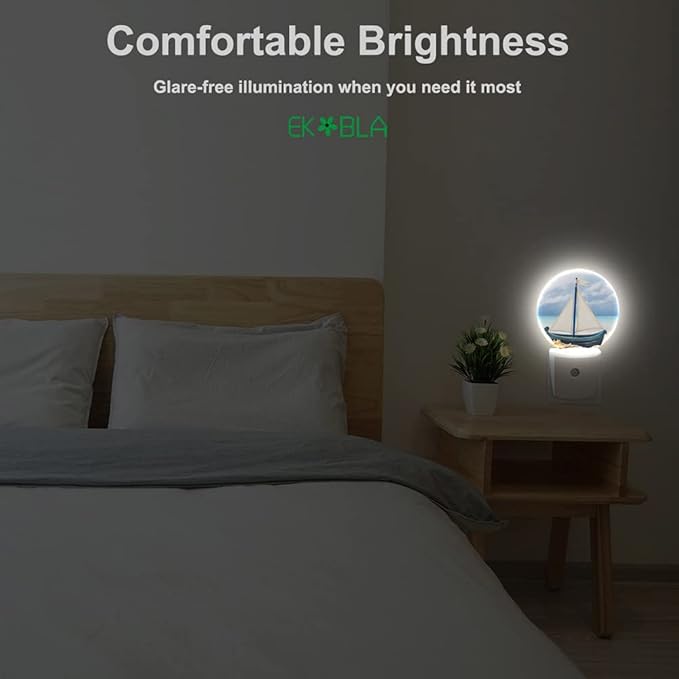 EKOBLA Nautical Night Lights Plug into Wall Sea Boat Ship on Beach Night Light LED Round Lamp for Coastal Room Decorations, 0.5W Nightlight Sleep Friendly