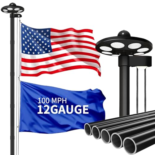 MXQMKL 20FT Heavy Duty Solar Flag Pole Kit,12 Gauge Flag Pole for Outside House Thick Aluminum Flagpole with 136 LED Light...