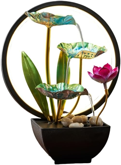 Indoor Tabletop Tiered Water Fountain 3 Level Tabletop Waterfall Meditation Fountain Includes Many Natural River Rocks LED Lights Relaxing Small Water Feature for Desk or Home Decor