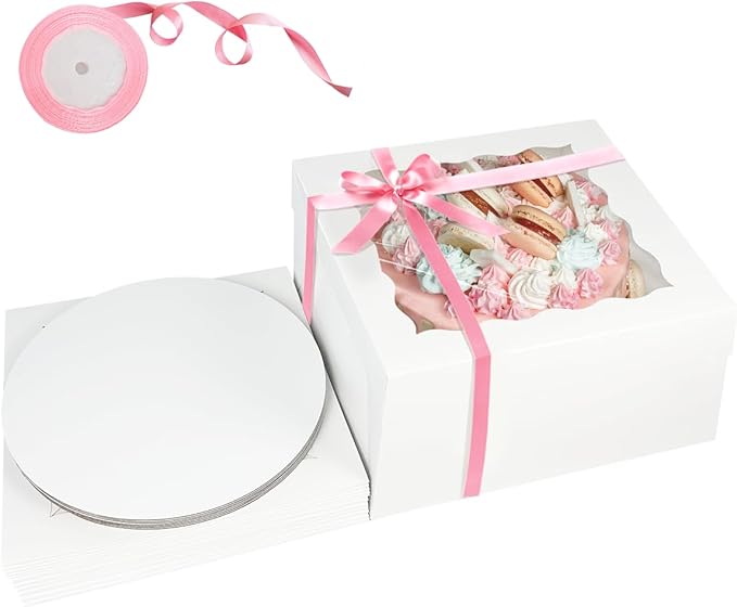 qiqee White 10x10x8 Cake Box, 4 Sets Cake Box with Window ＆ 4 Sets 10" Cake Round Boards, 10inch Cake Containers, 10 Meters Pink Silk Ribbon Includes