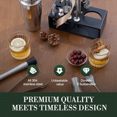TNGO Cocktail Shaker Set - Mixology Bartender Kit with Sleek Stand - Premium Bar Tool Set All Bar Accessories Includes Mar...