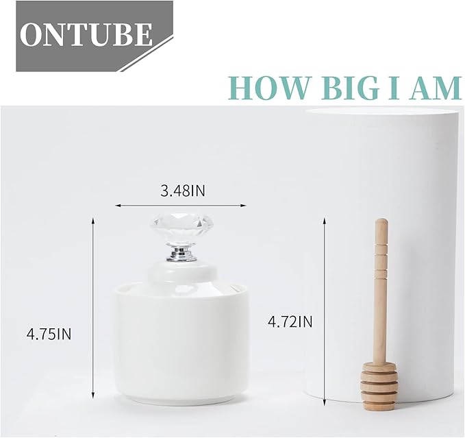 ONTUBE Ceramic Honey Jar with Dipper and Crystal Lid, Small Honey Pot for Home Kitchen, 8oz (Silver)