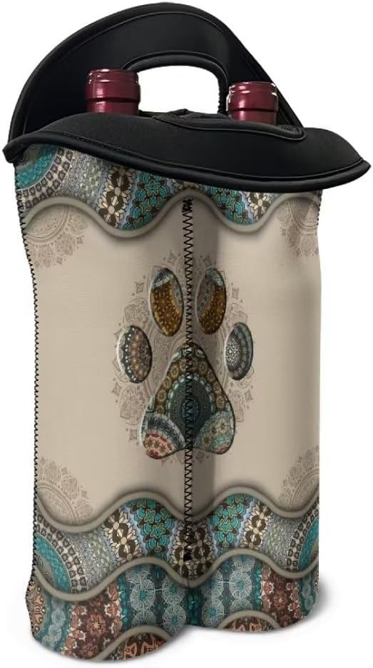 doginthehole 2 Bottle Wine Carrier Travel Bag Boho Dog Paw Print Thick Insulated Neoprene Wine Tote Portable Champagne/Water Bottle/Beer/Drinks Carrying Bag for Travel, Picnic, Party