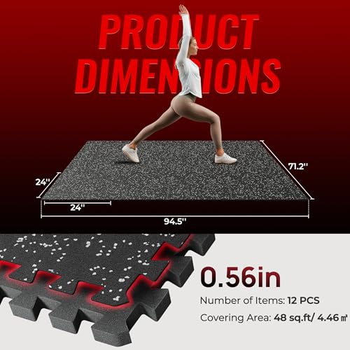SUPERJARE 0.56'' Thick 12 Pcs 48 Sq Ft Rubber Top Exercise Equipment Mats, High Density EVA Foam Mats with Rubber Top, Int...