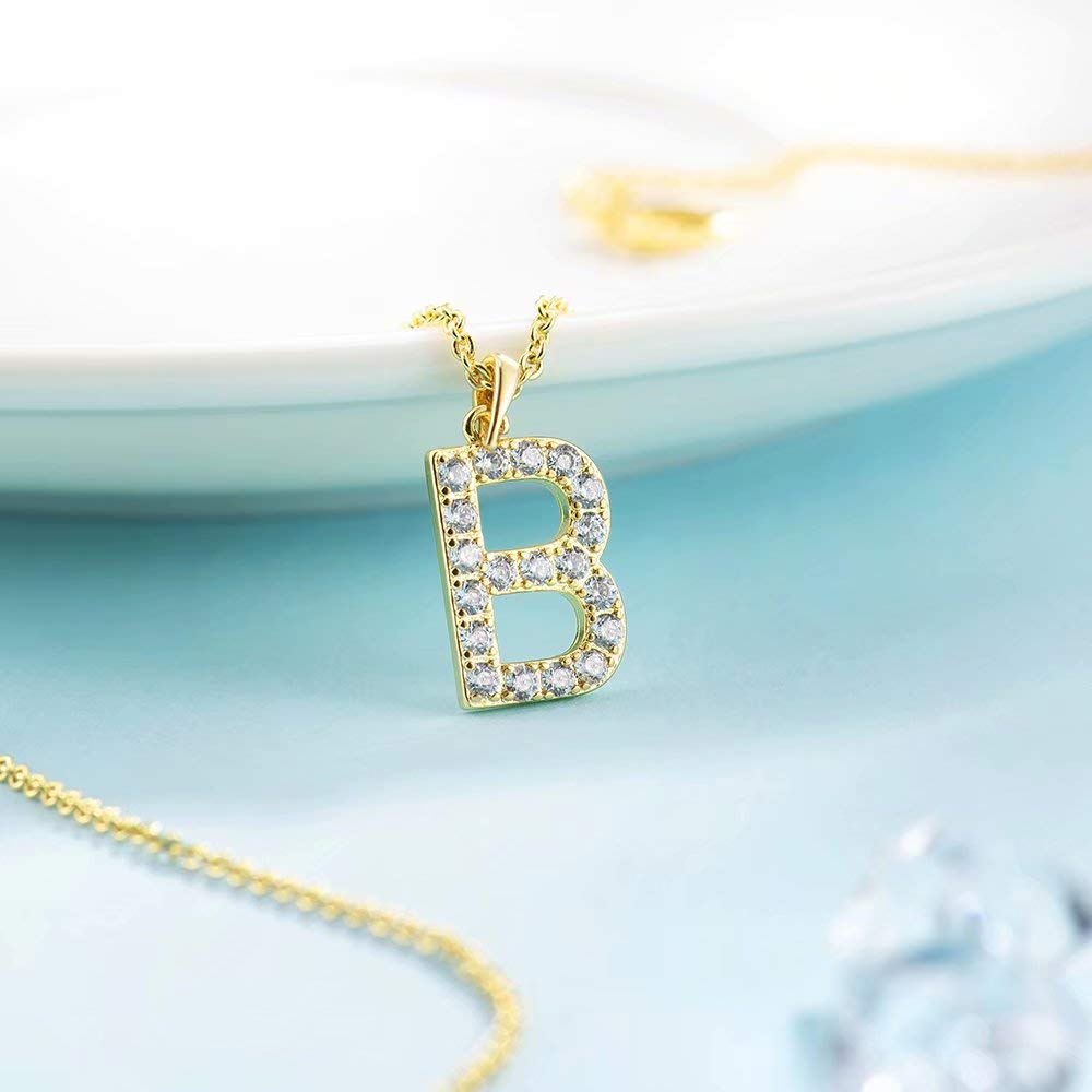 Tarsus B Initial Letter 14K Gold Plated Alphabet Pendant Necklace Monogram charm cubic zirconia Jewelry Gifts for Women Teen