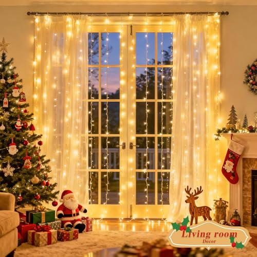 JMEXSUSS 200 LED Christmas Curtain Lights Battery Operated & USB Plug in, 8 Modes Warm White Curtain String Lights for Bac...