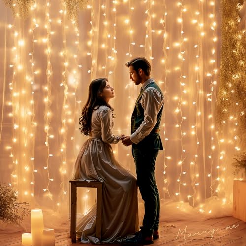 White Sheer Tulle Backdrop Curtain with Lights String- Wedding Backdrop Decorations for Reception Ceremony Home Party Phot...