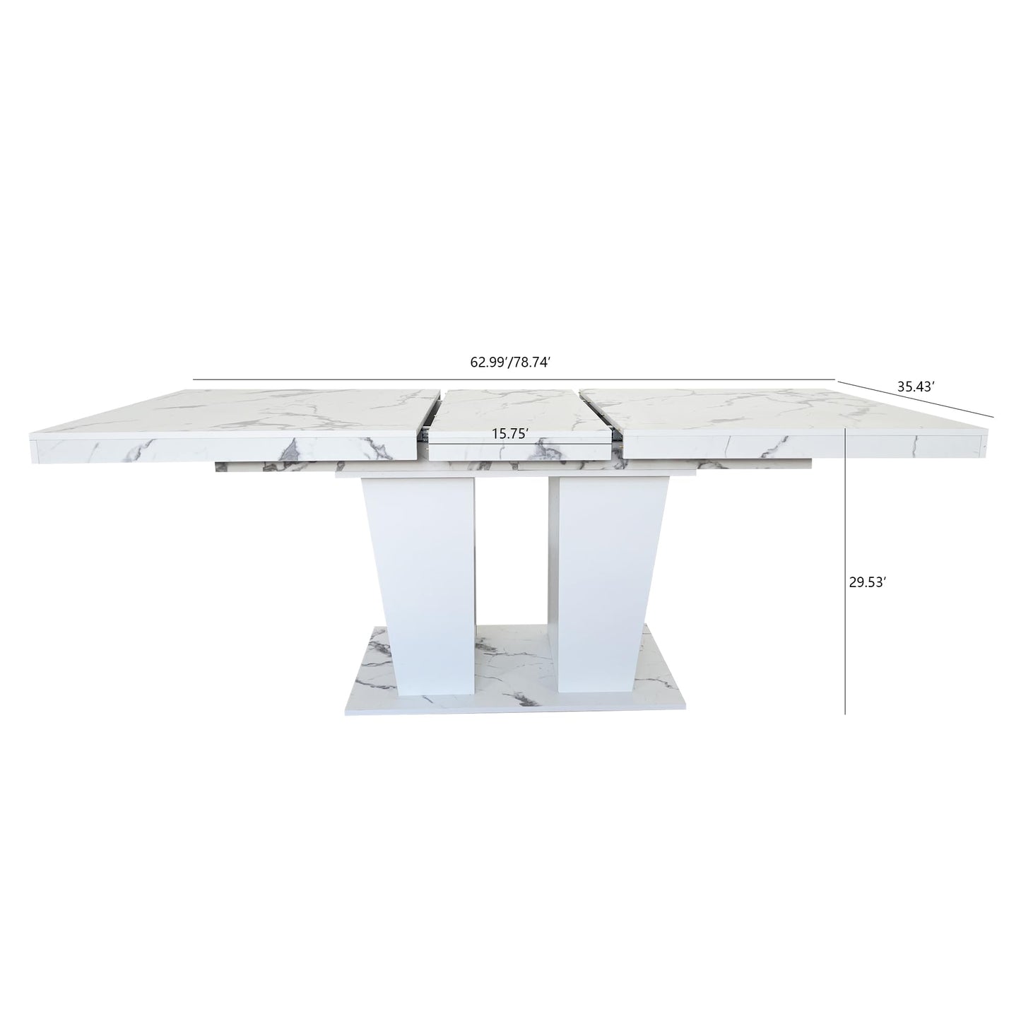 KEIKI Extendable Dining Room Table for 6-10 Person, Modern Large Rectangular Kitchen Tables w/Dual Column Pedestal Base for Kitchen Living Room, White Marble