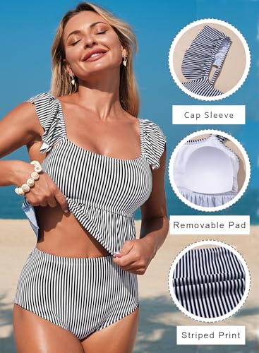 Dokotoo Two Piece Tankini Swimsuits for Women 2026 Square Neck Ruffle Cap Sleeve Bathing Suits Striped Swim Suits