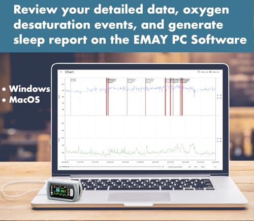 EMAY Sleep Oxygen Monitor with PC Software & App | Bluetooth Pulse Oximeter Rechargeable for Overnight & Continuous SpO2 T...