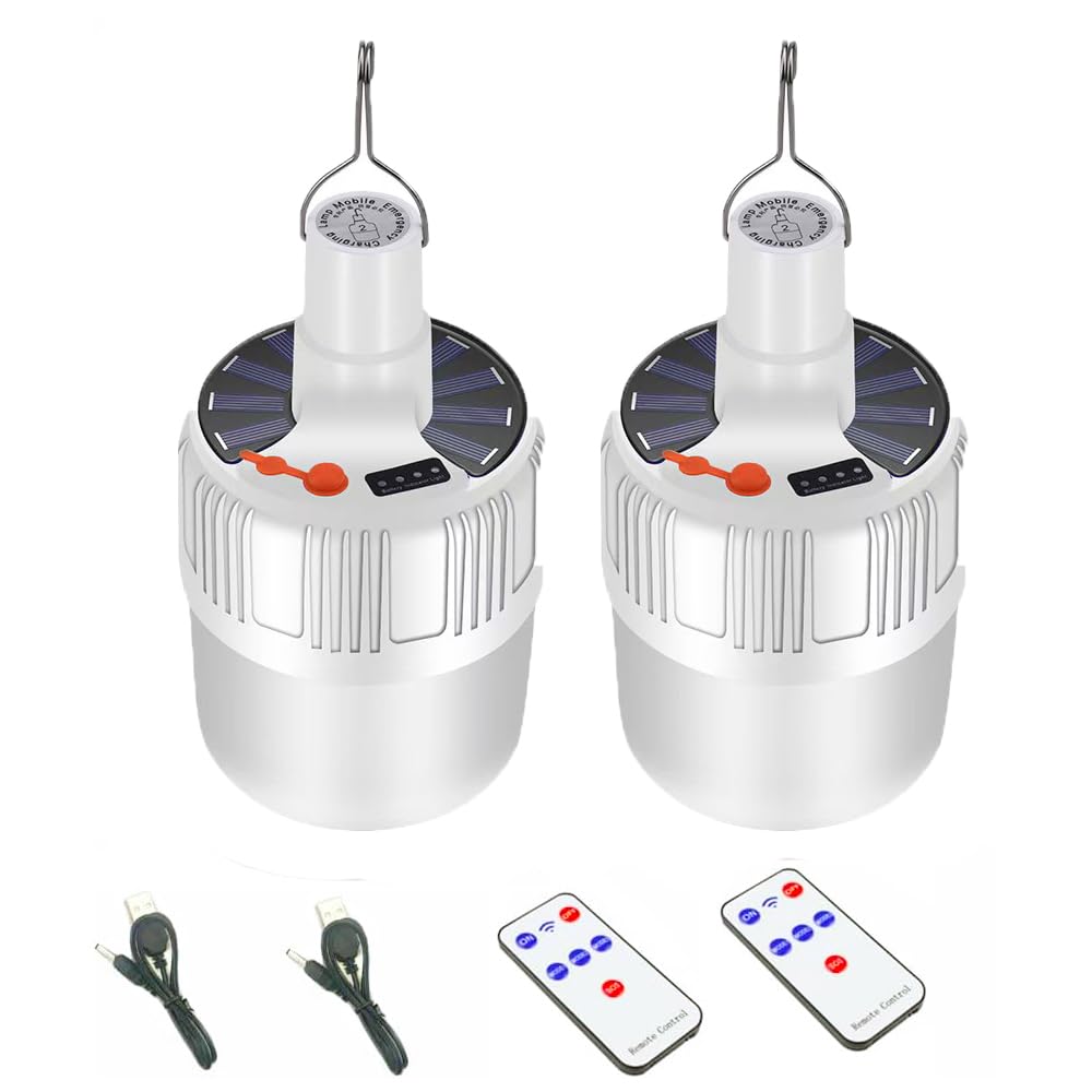 Jearytop Solar Camping Lights - Rechargeable LED Lantern, 4000mAh, 5 Modes, Waterproof, Remote Control, 2 Pack, Bulb Style, Black