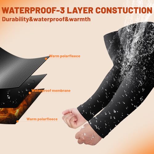 Cutecrop 2 Pairs Waterproof Thermal Arm Sleeves for Men Fleece Compression Arm Warmers for Winter Outdoor Cycling Running