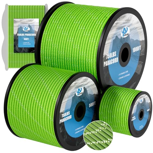 750Ib Reflective Paracord Rope,100' 200' 500' 1000', 4mm 11 Strand Parachute Spool Cord with Collecting Bag, para Cord Lan...