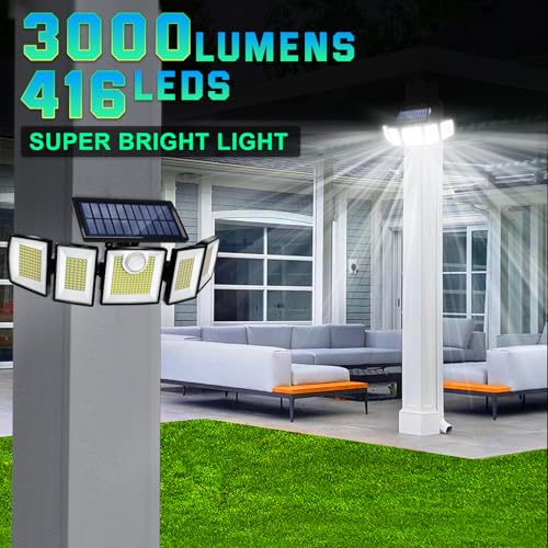 Solar Lights Outdoor Waterproof Motion Sensor - 416 LEDs 3000 Lumens Super Bright 3 Brightness 3 Modes 2400mAh 360° Illumi...
