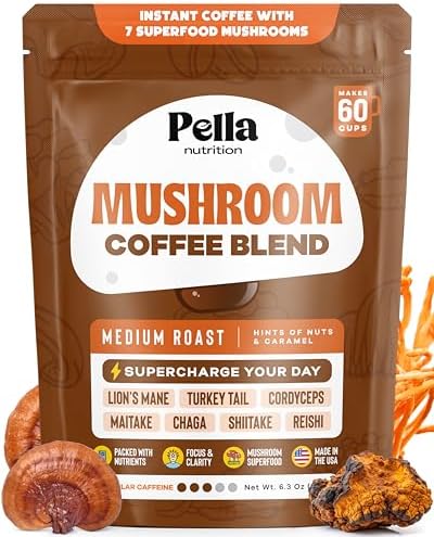 Pella Nutrition Organic Mushroom Instant Coffee (60 Servings) with 7 Superfood Mushrooms, Great Tasting, Includes Lion's Mane, Reishi, Chaga, Cordyceps, Shiitake, Maitake, and Turkey Tail