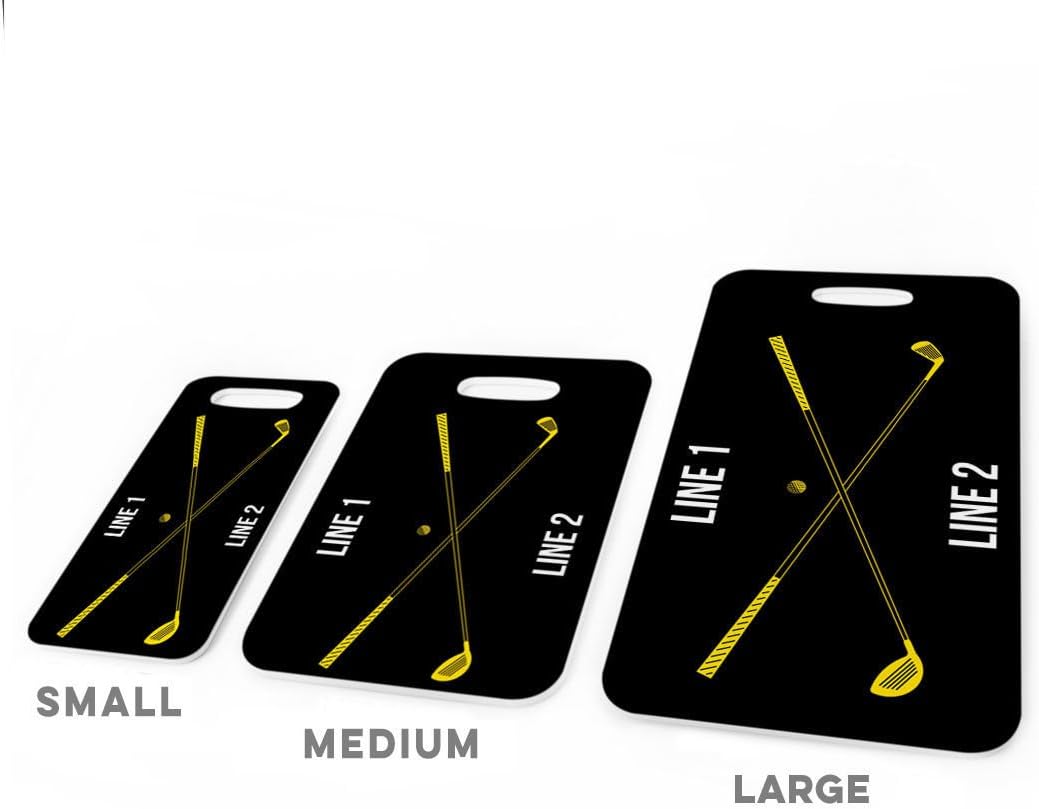 ChalkTalkSPORTS Golf Luggage & Bag Tag | Personalized Crossed Golf Clubs | Standard Lines on Back | Large | Black/Yellow