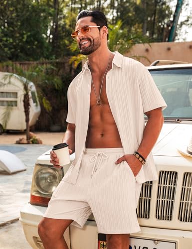 LecGee Men's 2 Piece Vertical Striped Textured Outfits Summer Casual Button Down Shirts and Shorts Matching Sets