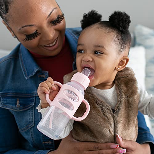 Dr. Brown's Milestones Narrow Sippy Spout Bottle with 100% Silicone Handles, Easy-Grip Handles with Soft Sippy Spout, 8oz/250mL, Light-Pink & Ecru, 2-Pack, 6m+