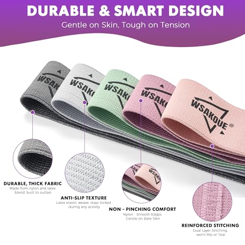 WSAKOUE Fabric Resistance Bands for Working Out – 5 Booty Bands for Women & Men, Exercise Workout Bands for Legs, HIPS & G...