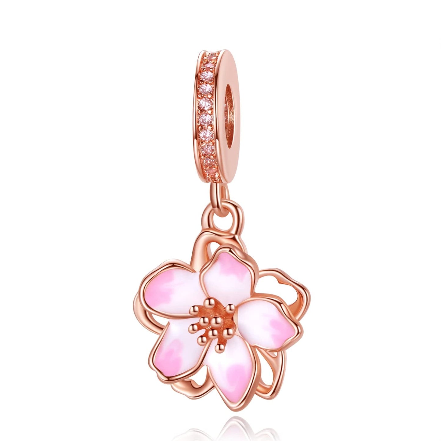 Alstade Cherry Blossom Dangle Charm 925 Sterling Silver Charms fits Bracelets and Necklace Pendant Bead Charms Jewelry Present f