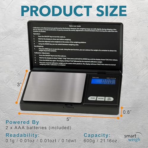 Smart Weigh SWS600 Elite 600g x 0.1g Digital Gram Scale, Pocket Sized Jewelry, Nutrition Kitchen, and School Scale, Slim D...