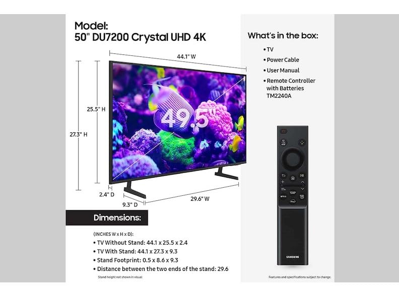 SAMSUNG 50-Inch Class DU7200 Series Crystal UHD 4K PurColor Smart Tizen TV Motion Xcelerator,Mega Contrast,Compatible with Alexa and Google Assistant UN50DU7200FXZA (Renewed)