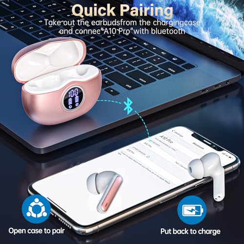 Fhumsh A10 Pro Wireless Earbuds Bluetooth 5.3 HiFi Stereo, 50H Playback LED Digital Display Earphones, ENC Noise Cancellin...
