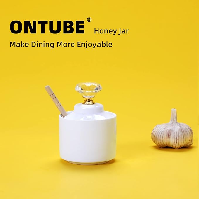 ONTUBE Ceramic Honey Jar with Dipper and Crystal Lid, Small Honey Pot for Home Kitchen, 8oz (Gold)