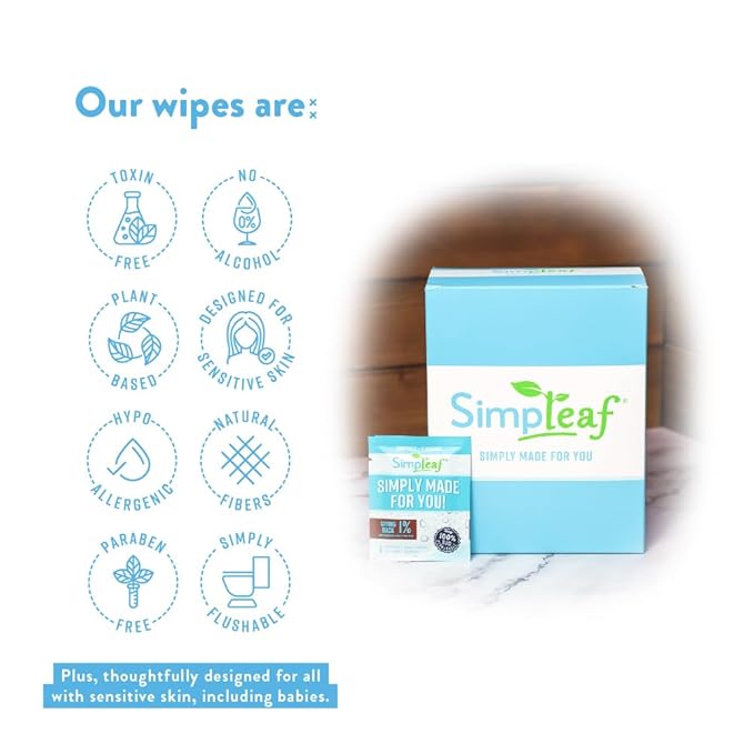 Simpleaf Flushable Unscented Single Pack Wet Wipes | Paraben & Alcohol Free | Hypoallergenic & Safe for Sensitive Skin | Soothing Aloe Vera Formula | (30 x 2 Single Pack Wipes) 60 Counts Total
