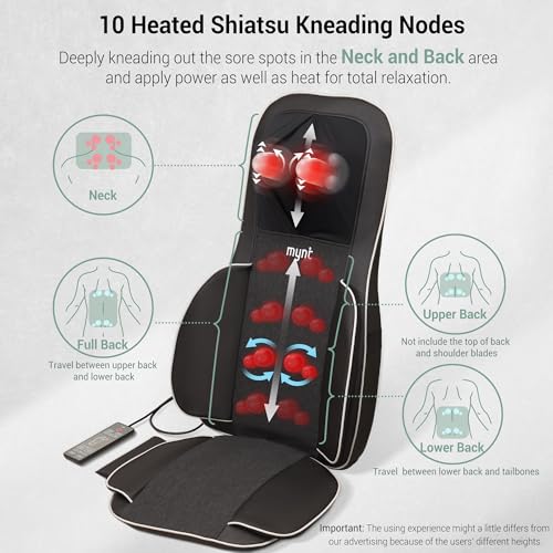 Mynt FSA Eligible HSA Approved Shiatsu Neck and Back Massager for Chair with 10 Deep Kneading Nodes, 2D & 3D Back Massage ...