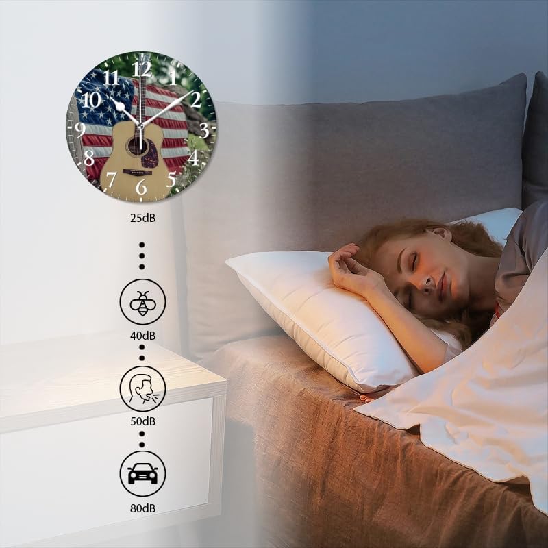 Guitar Wall Clock Non-Ticking Silent Clocks Battery Operated Analog Decor Clock for Home-Guitars Sitting On Fence with American Flag(10inch)