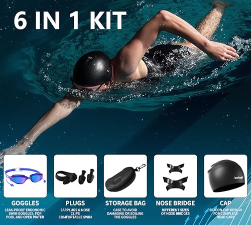 LEEIGGT Swim Goggles Set with No Leak Anti-Fog & Anti-UV Swimming Goggles Nose Clip, Swim Cap and Case for Men Women Adult