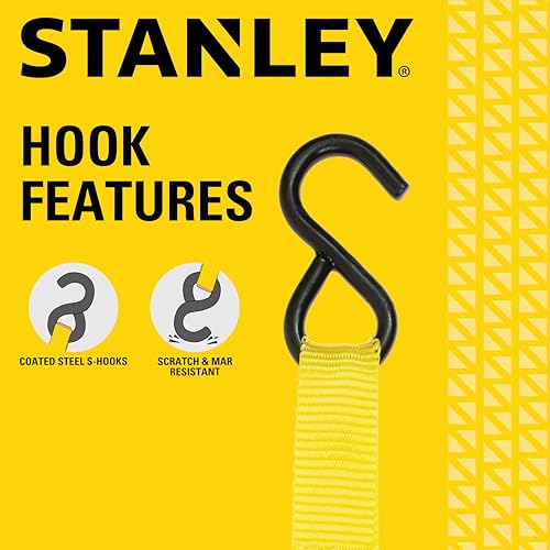 STANLEY S9500 Black/Yellow 1" x 10' Ratchet Straps - Light Cargo (300 lb Working Load / 900 lb Break Strength), 4 Pack
