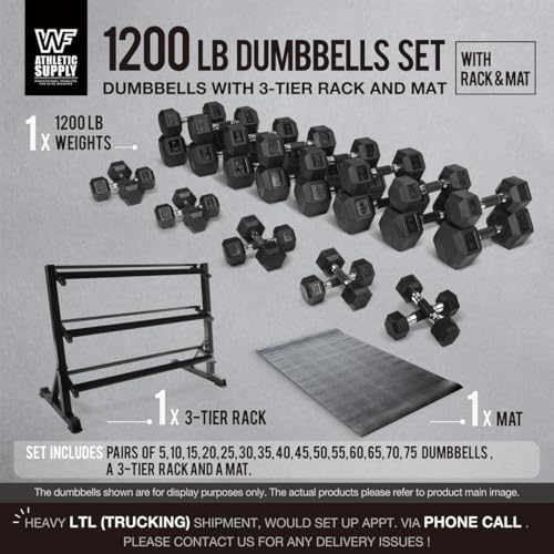 WF Athletic Supply Rubber Encased Hex Dumbbells with Rubber Grip Contoured Handle for Muscle Toning, Strength Building & F...