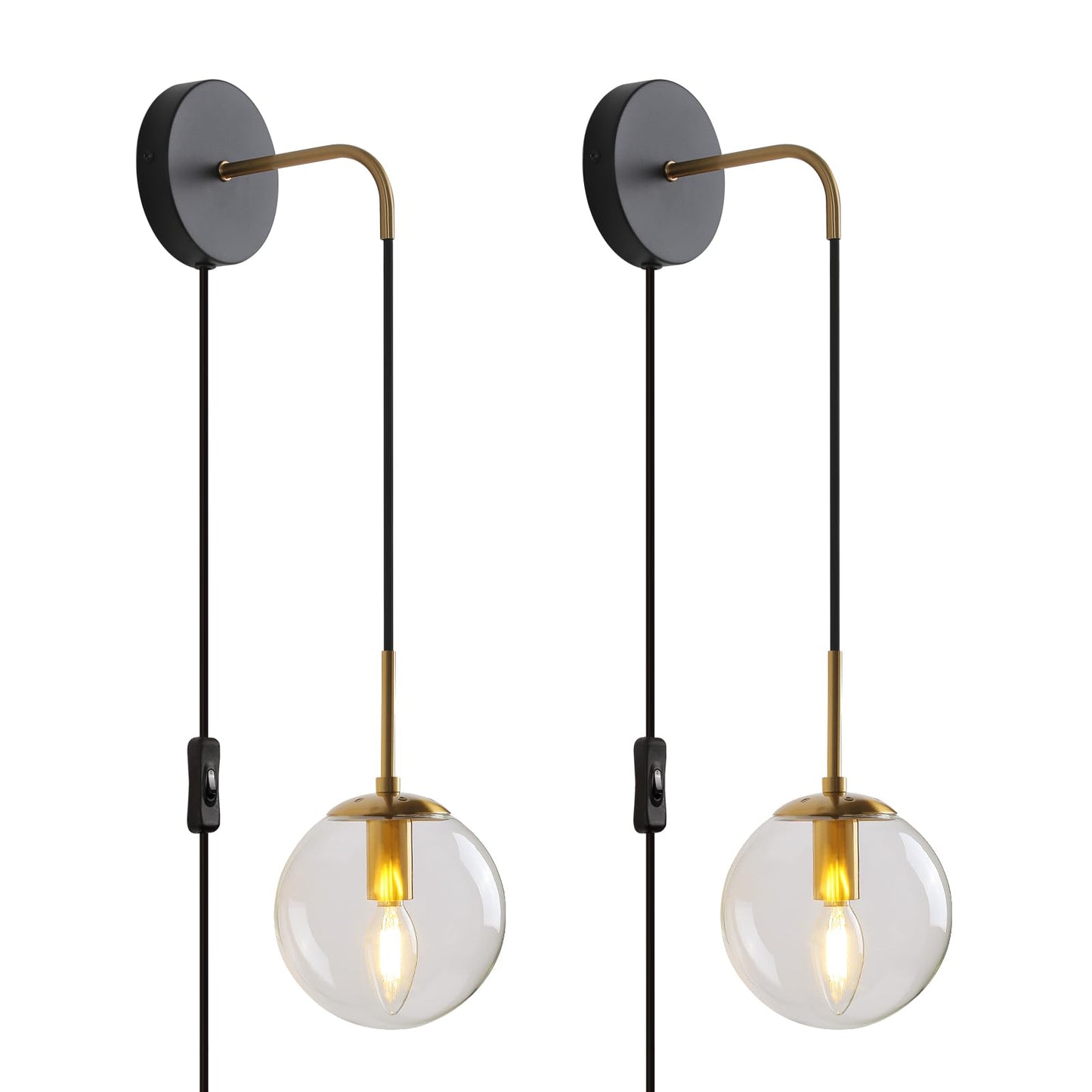 KUZZULL Wall Sconces Set of 2, Black and Brass, Globe Clear Glass Shade, 29in, Plug-in with Cord Switch