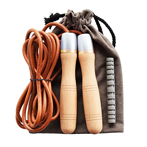 Ahomie Leather Jump Rope, Adjustable Skipping Jumping Ropes, with Rotary Bearing and Pure Wood Handles, for Gym & Home Fit...