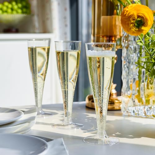 FOCUSLINE 100 Pack 4.5 Oz Plastic Champagne Flutes, Clear Plastic Champagne Glasses, Disposable Toasting Glasses Recyclabl...