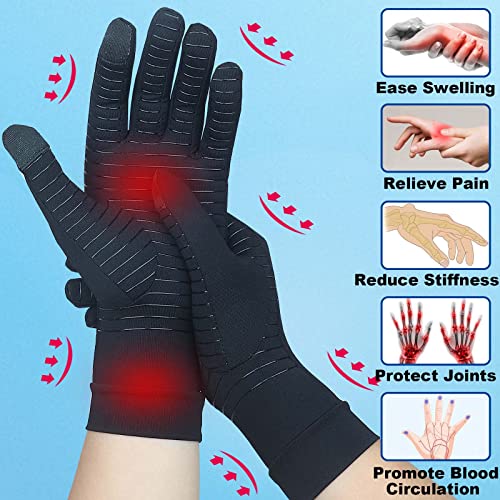 2 Pairs Full Finger Copper Arthritis Compression Gloves with Touchscreen Tips. Relief for Hand Pain, Carpal Tunnel, Rheuma...