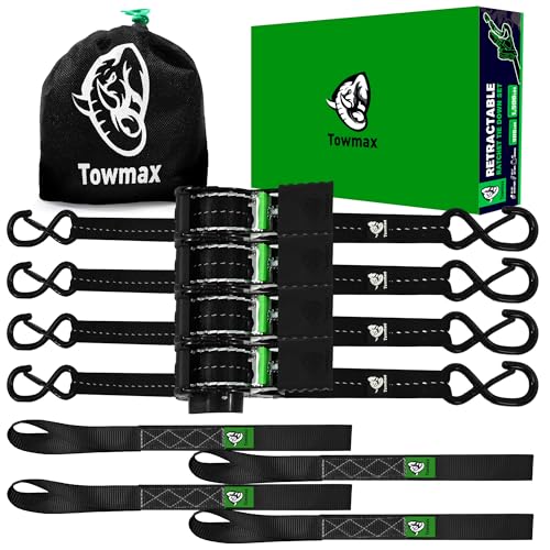 Retractable Ratchet Straps(4 Pack) - 1in x 10ft Self Retracting Ratchet Straps with Soft Loops, 1,500 lbs Break Strength R...