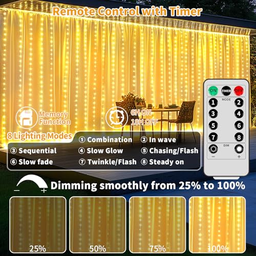 Curtain Lights Battery Operated 10 * 10Ft 300LED Waterfall Light with 8 Modes Remote Dimmable Timer Memory Waterproof Twin...