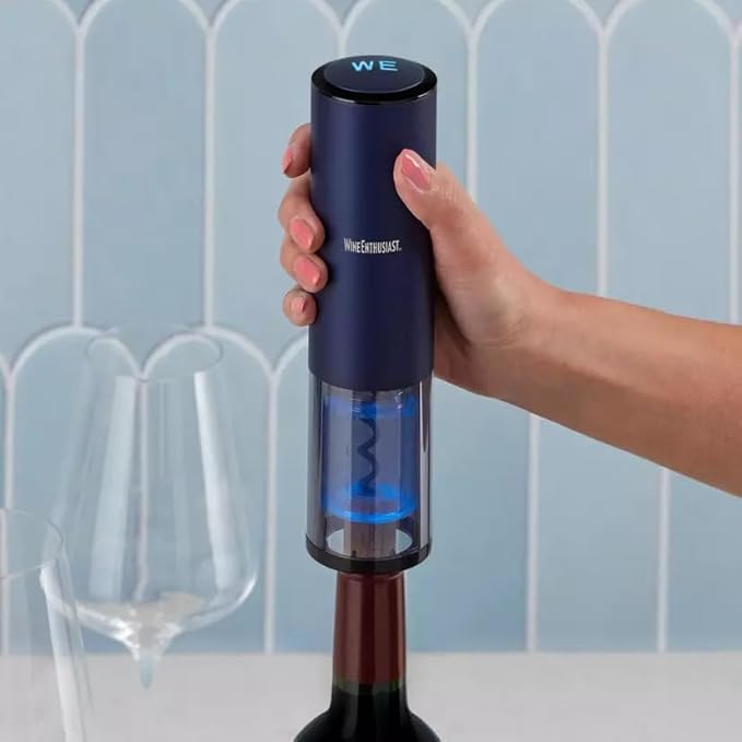 Wine Enthusiast Electric Blue Automatic Wine Opener with Foil Cutter – Battery-Operated Corkscrew with USB Charger & Indicator Light