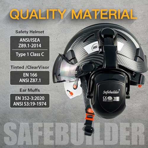 SAFEBUILDER Industrial Safety Helmet with Visor Ear Muffs Hard Hat with Visor Vented Hardhats Construction Work Head Prote...