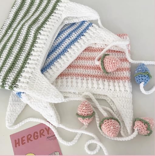 Y2K Crochet Hat for Women Kawaii Cute Knit Hat Vintage Beanie Cat Ear Grunge Fairy Slouchy Headgear Accessories (Green)