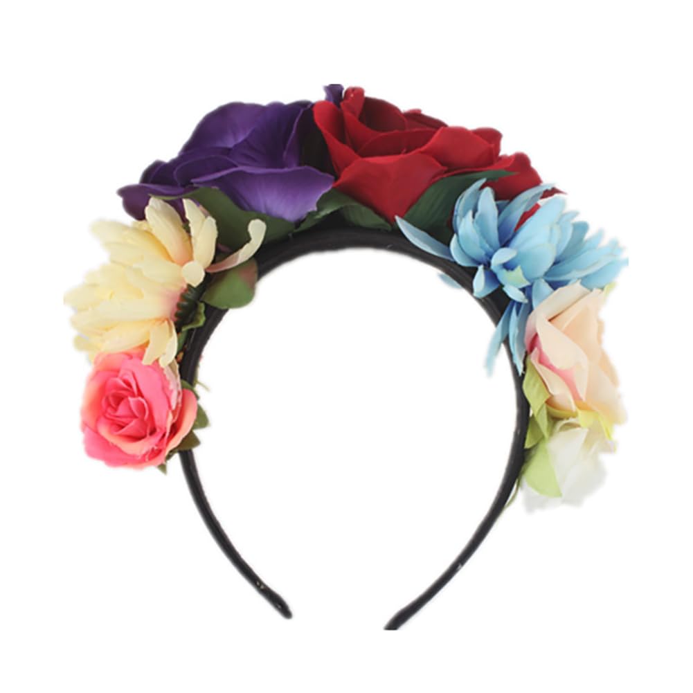 Lofruiin Women's Bohemian Rose Flower Crown Mexican Day of The Dead Headband Halloween Party Costume Headpiece (Dark Purple Red,