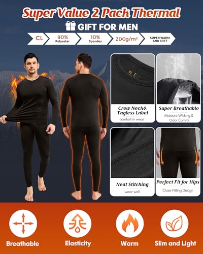 CL convallaria 2 Pack Thermal Underwear for Men Long Johns Fleece Lined Base Layer Set Winter Bottom Top 2XS-6XL