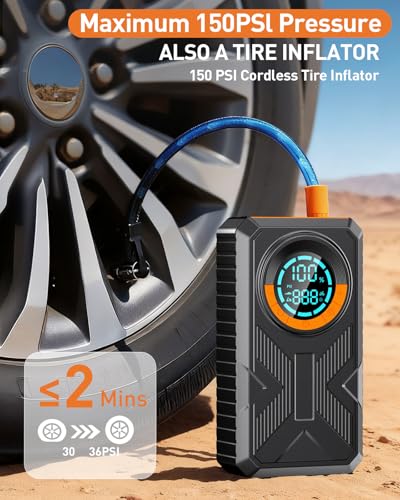 Jump Starter with Air Compressor, Battery Jumper Starter Portable Jump Box，Car Battery Jump Starter 8.0 Gas/7.0L Diesel 12...
