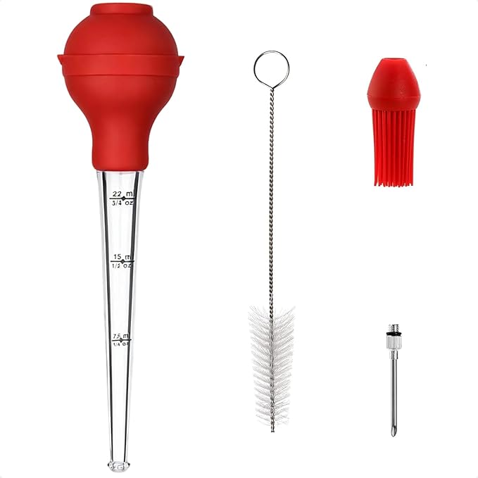 Turkey Baster Syringe Large, Long Meat Basters for Cooking & Basting, Plastic Turkey Baster with Marinade Injector Needle, Silicone Bulb & Basting Brush and Cleaning Brush, Red 3/4 oz
