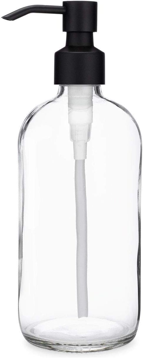 Rail19 Market Clear Glass Soap Dispenser with Metal Pump - Liquid Hand Soap & Lotion for Kitchen and Bathroom, 16oz (Cali Black)