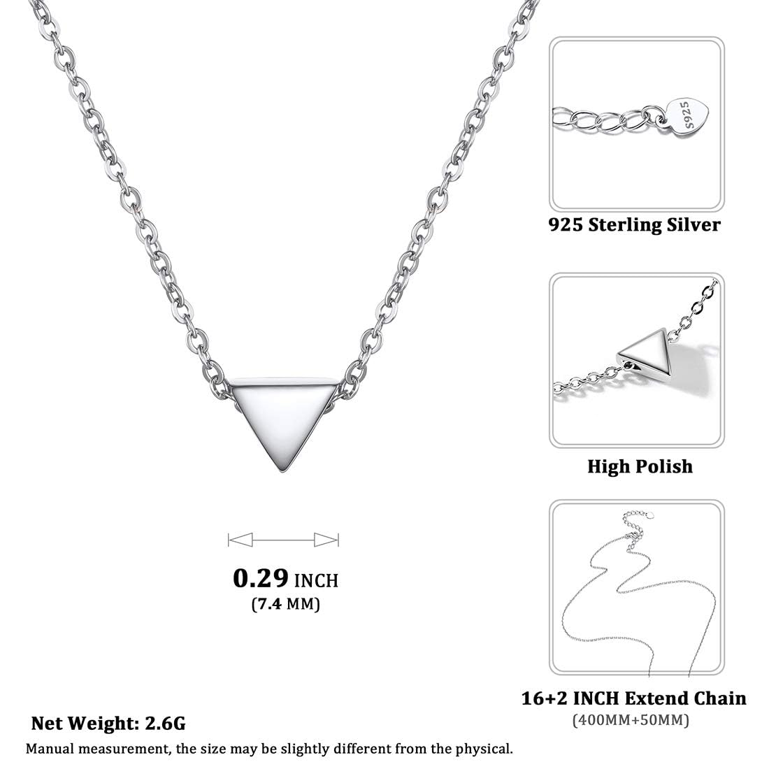 Hypoallergenic 925 Sterling Silver Tiny Pendant Necklace, Delicate Simple Geometric Triangle Necklaces for Women